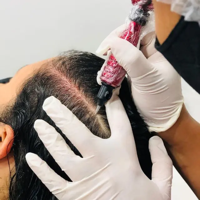 Microagulhamento sendo aplicado no couro cabeludo